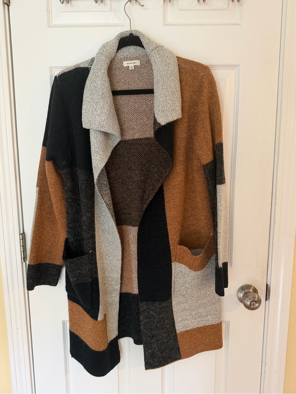 Max Studio Colorblock Open-Front Cardigan in Camel, Black & Gray